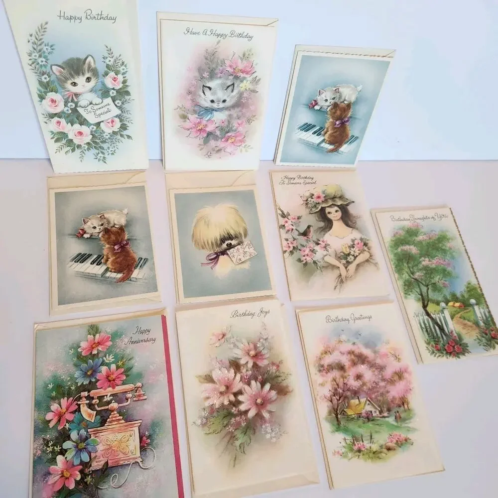 UNUSED Vintage 50s MCM LOT (10) Greeting Cards Glitter Kittens Floral Puppy